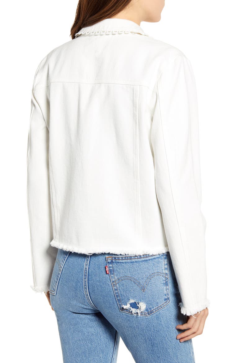 Lace Detail Frayed Hem Denim Trucker Jacket, Alternate, color, WHITE