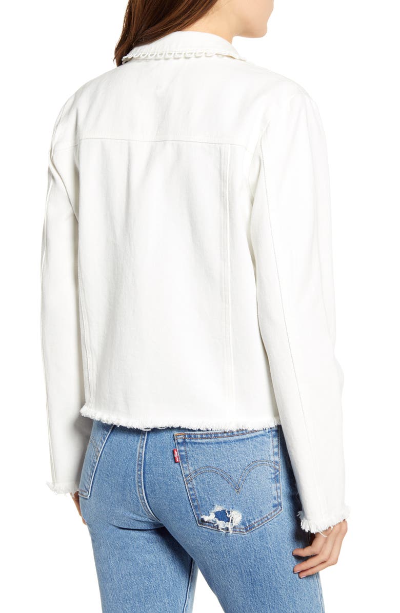 Endless Rose Lace Detail Frayed Hem Denim Trucker Jacket, Alternate, color,