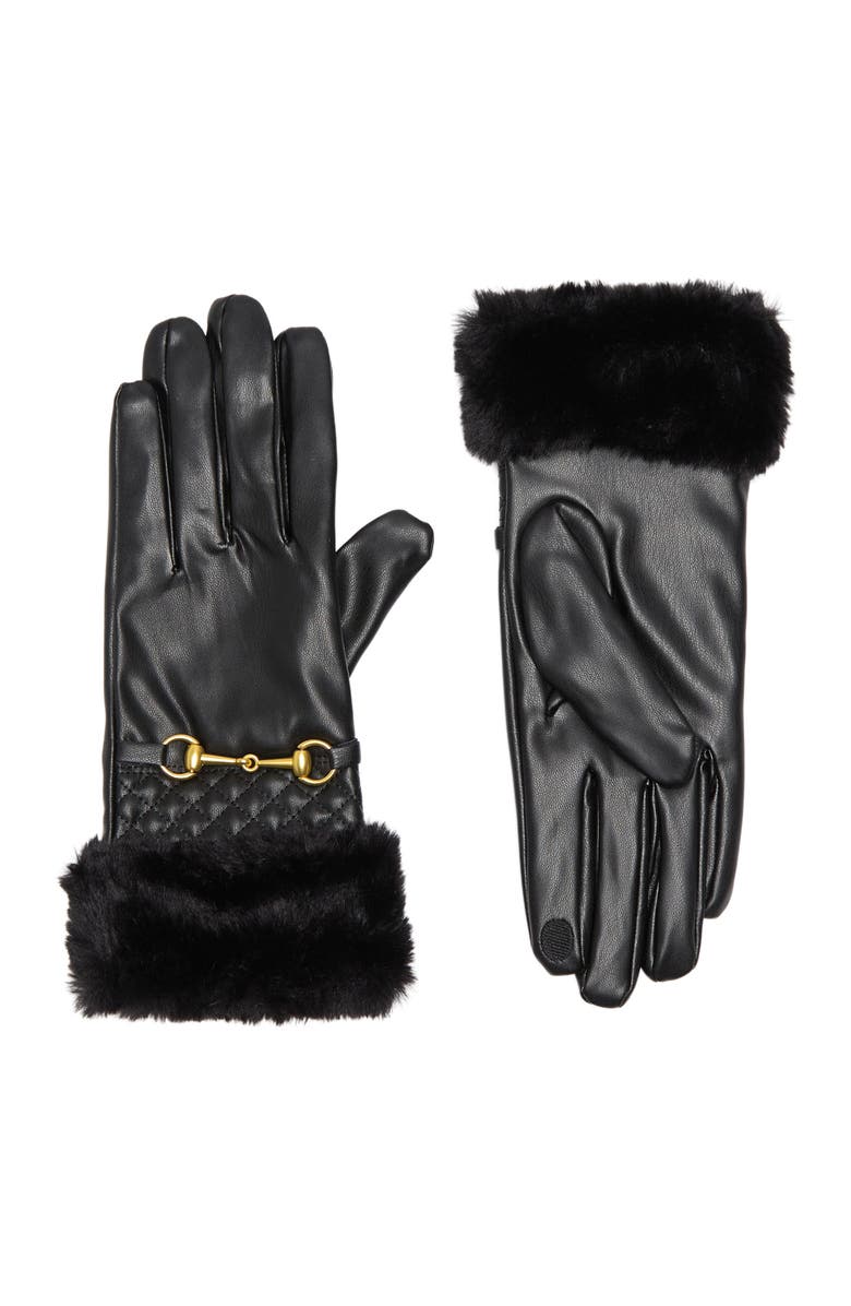 Vince Camuto Quilted Faux Fur Trim Faux Leather Gloves, Main, color, 