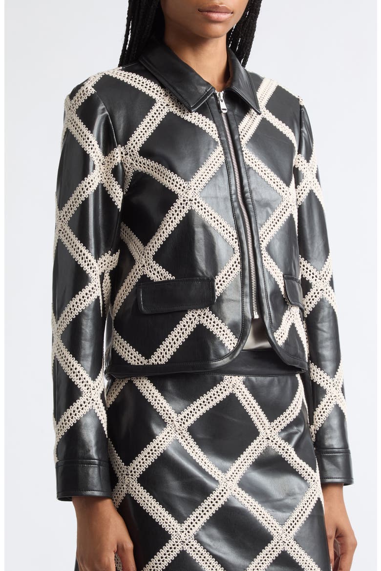 Audree Faux Leather Jacket with Crochet Overlay, Alternate, color, BLACK/ GARDENIA