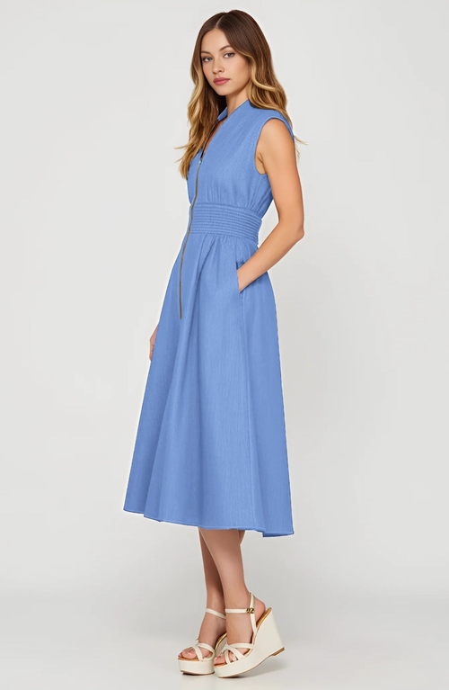 Modenaire Zip Front Midi Dress With Cap Sleeves And Smocked Waist In Blue