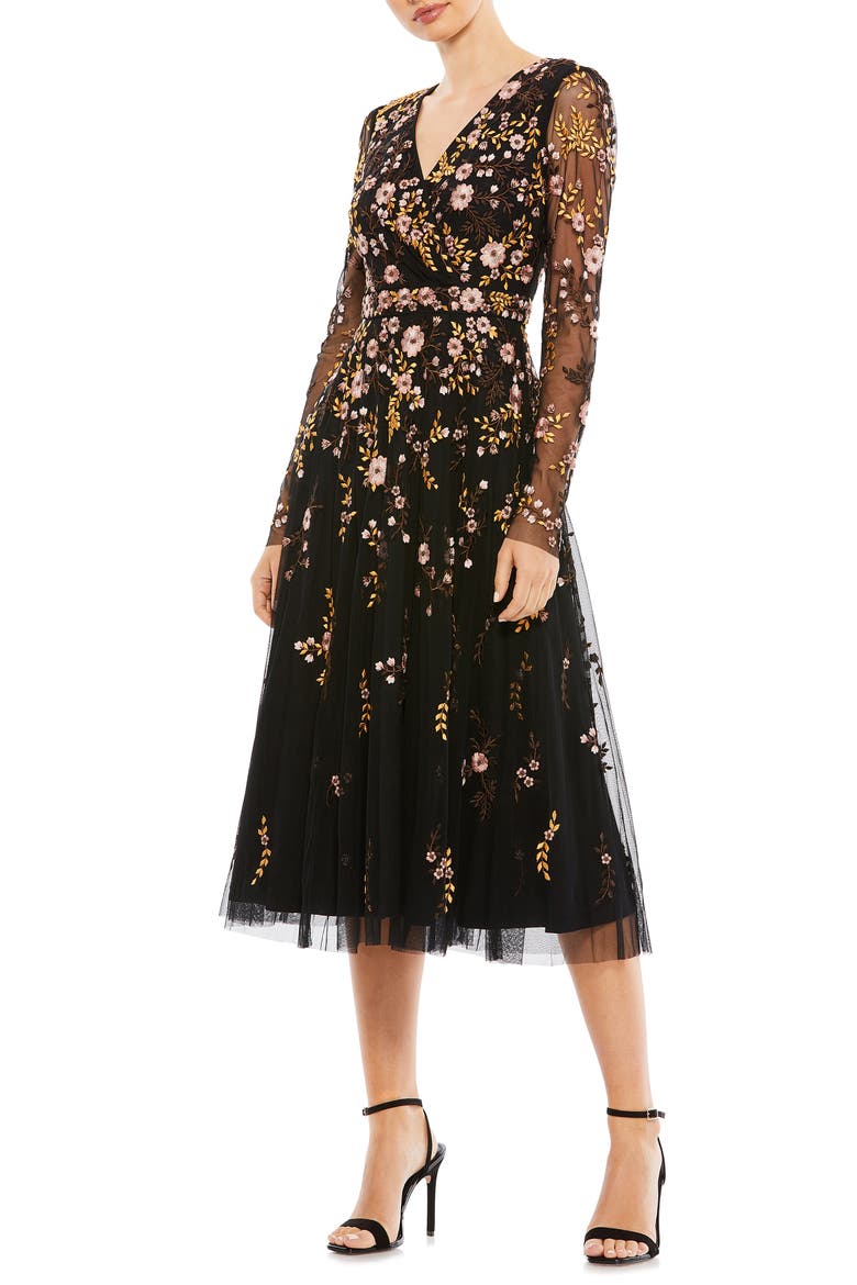 Floral Embroidered A-Line Cocktail Dress, Main, color, BLACK MULTI