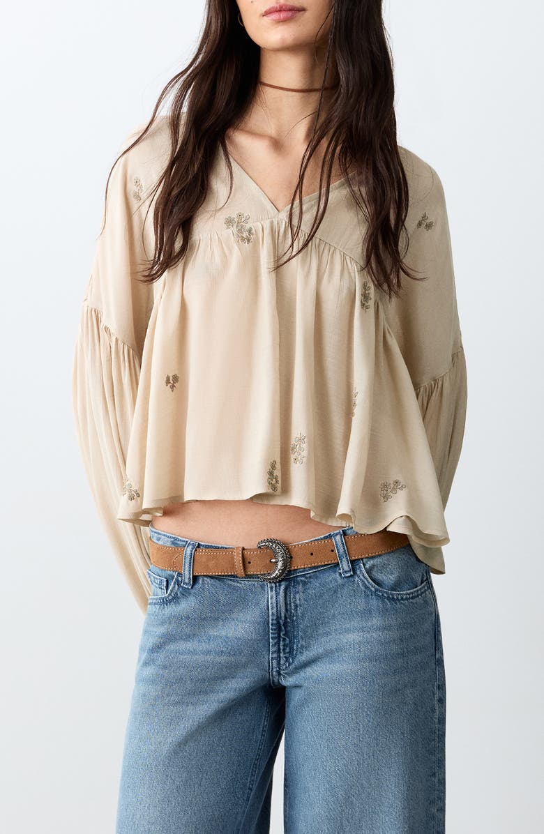 MANGO TEEN Embroidered Peplum Blouse, Main, color, Beige