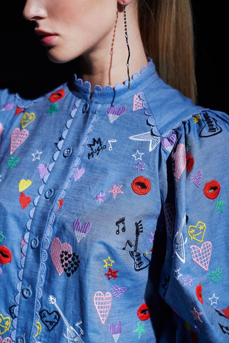 Embroidered Blouse With Ballon Sleeves, Alternate, color, Jeansblue