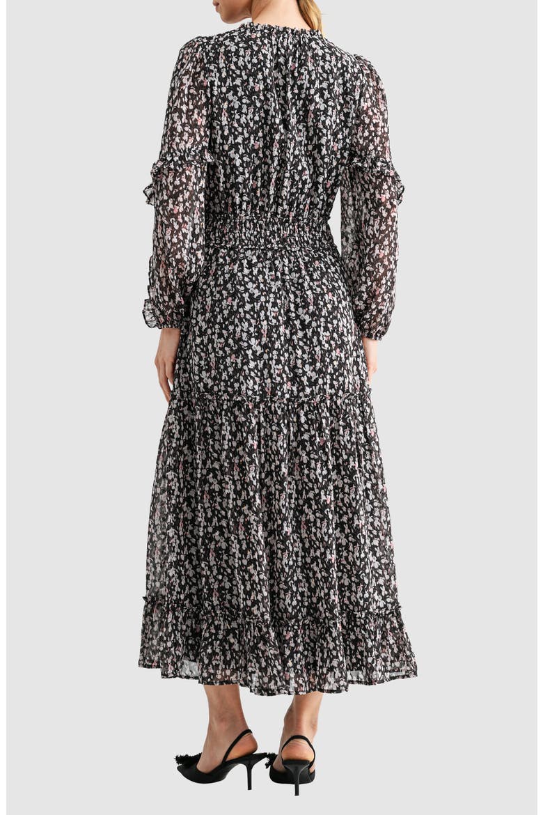 Floral Print Tie Neck Long Sleeve Maxi Dress, Alternate, color, BLACK/ PINK MULTI