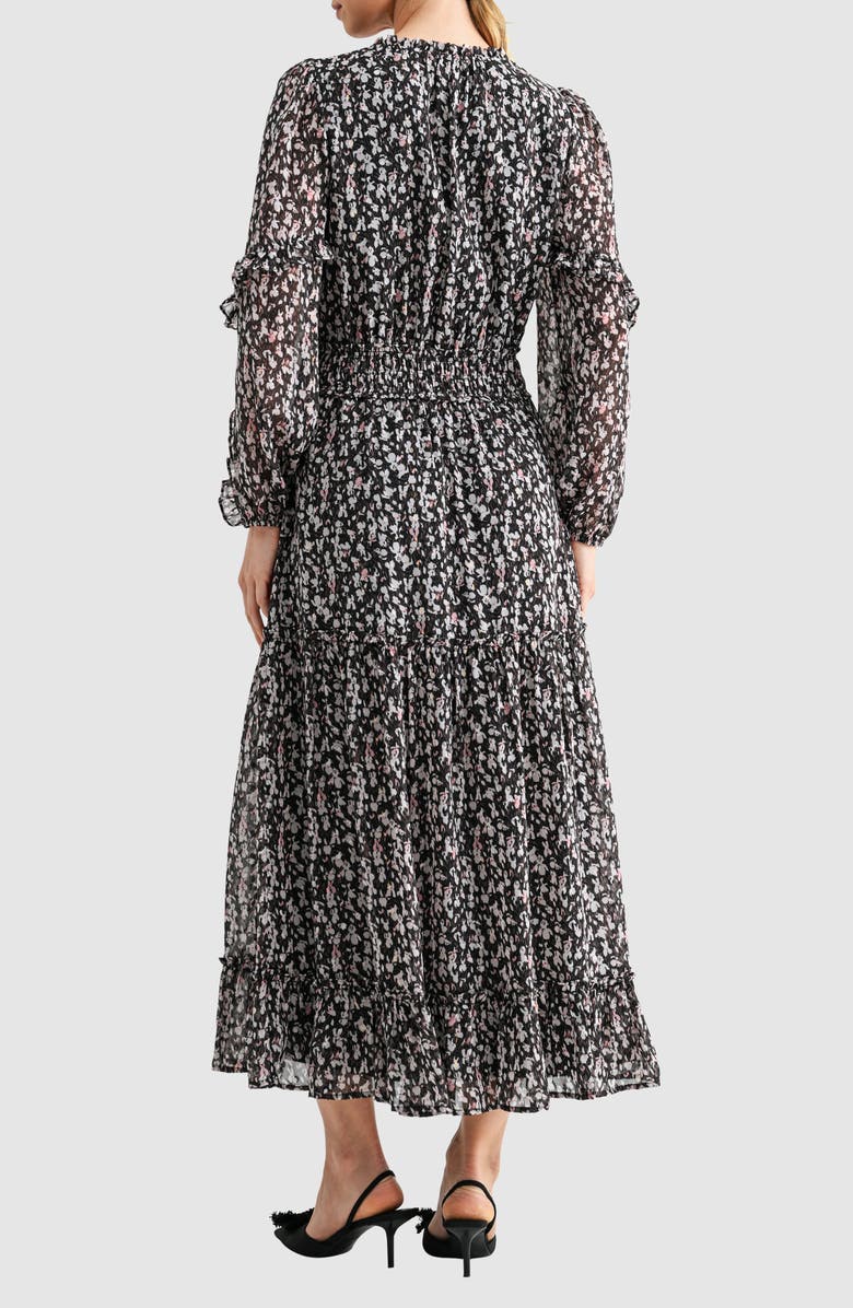 Mila Mae Floral Print Tie Neck Long Sleeve Maxi Dress, Alternate, color, Black/ Pink Multi
