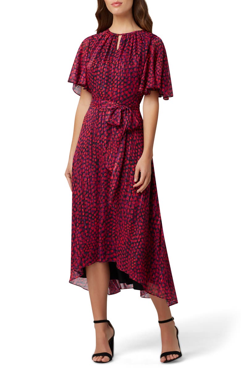 Tahari Metallic Dot Chiffon Midi Dress, Main, color,