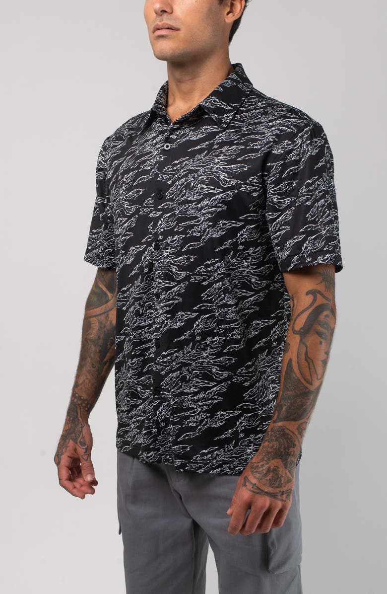 VAST Aqua Terra Midnight Camo Tech Short Sleeve Performance Button-Up Shirt, Alternate, color, Black