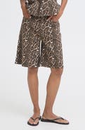 ICHI Leopard Print Denim Bermuda Shorts