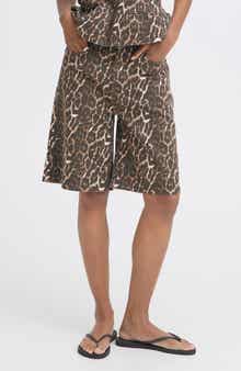 ICHI Leopard Print Denim Bermuda Shorts