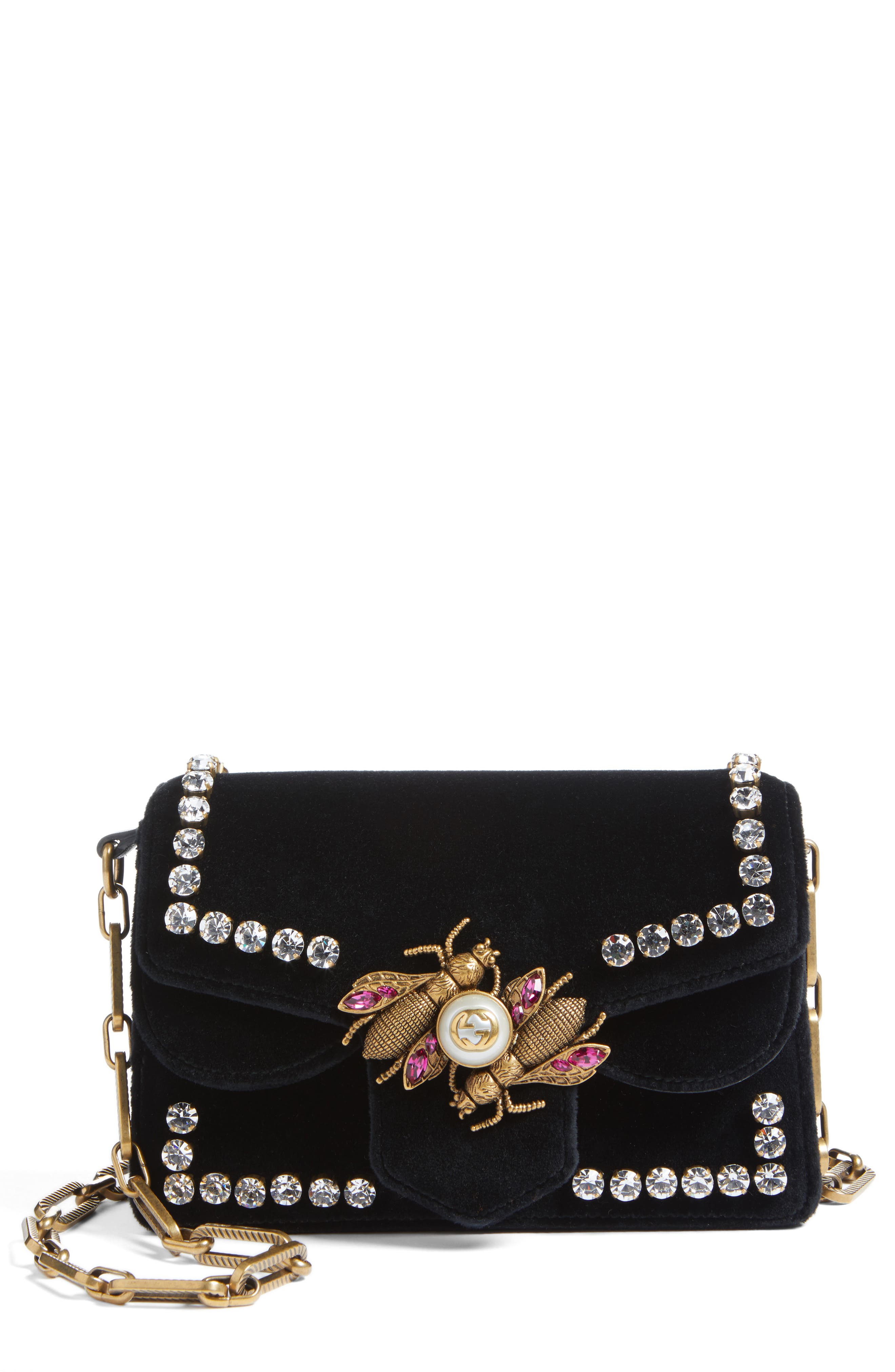 Gucci Broadway Bee Velvet Shoulder Bag, Main, color, 