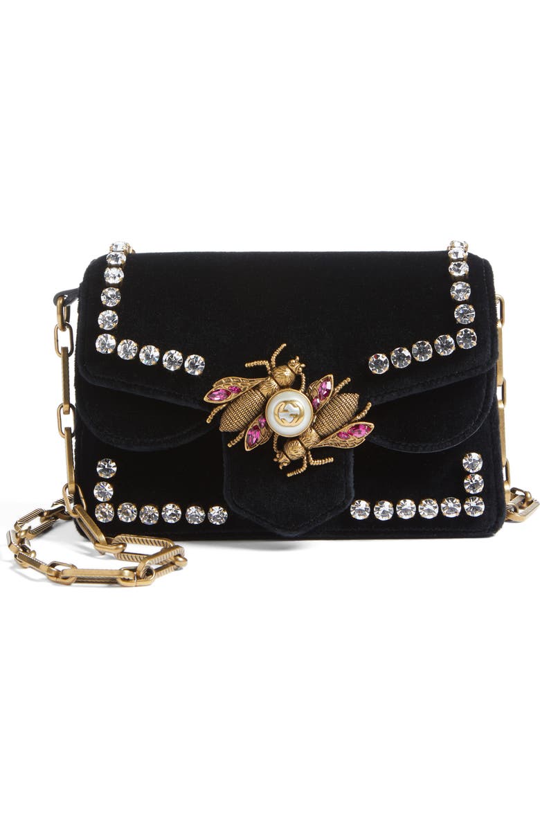 Gucci Broadway Bee Velvet Shoulder Bag, Main, color,