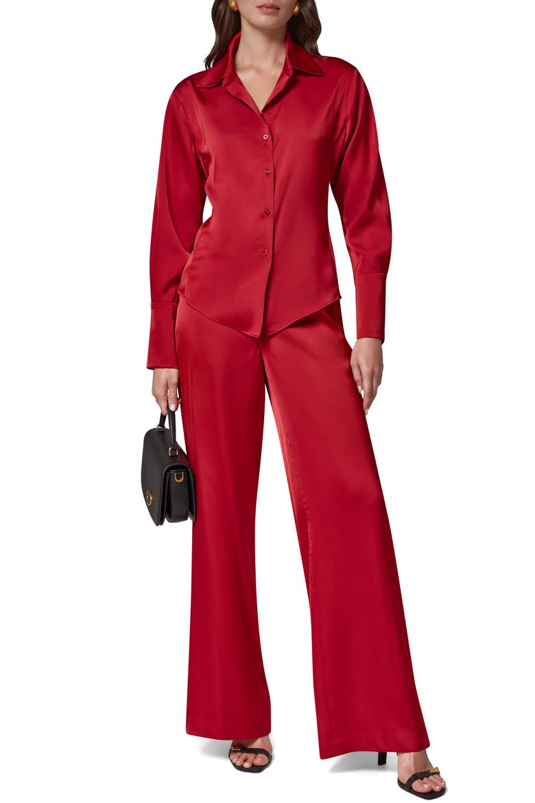 Satin Button Front Shirt, Alternate, color, RED VELVET