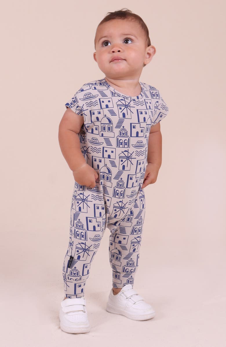TINY TRIBE Santorini Print Cotton Jersey Romper, Alternate, color, Blue