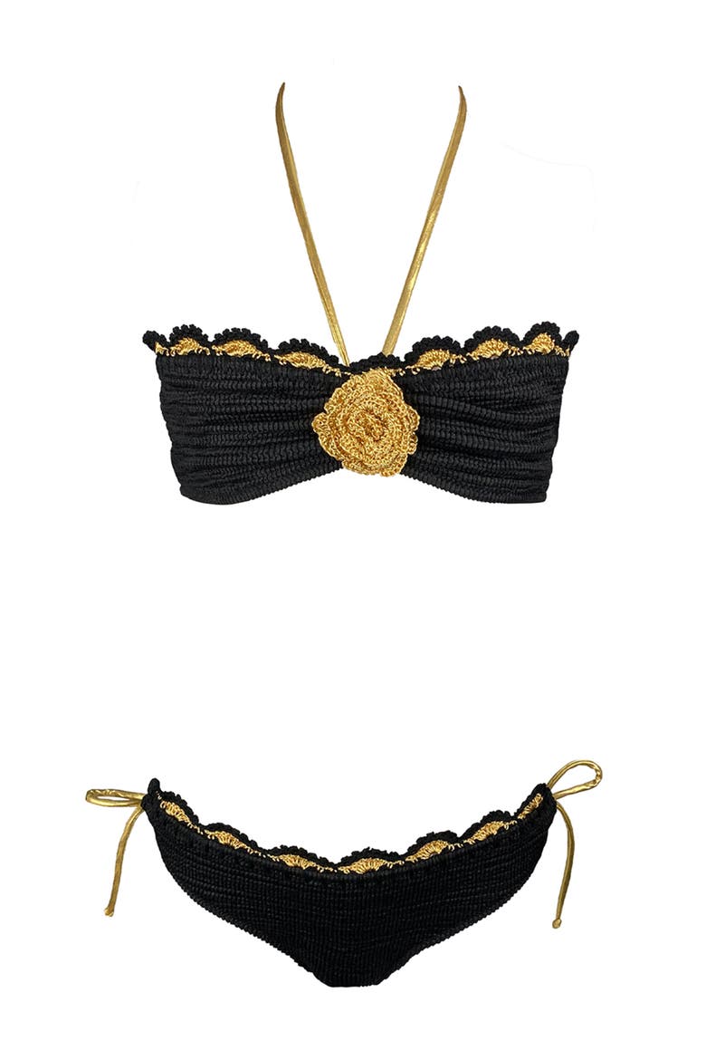 Bandeau Gold Lacework, Hand-Knitted Rose Detail Two Piece Bikini, Big Kid, Main, color, Black