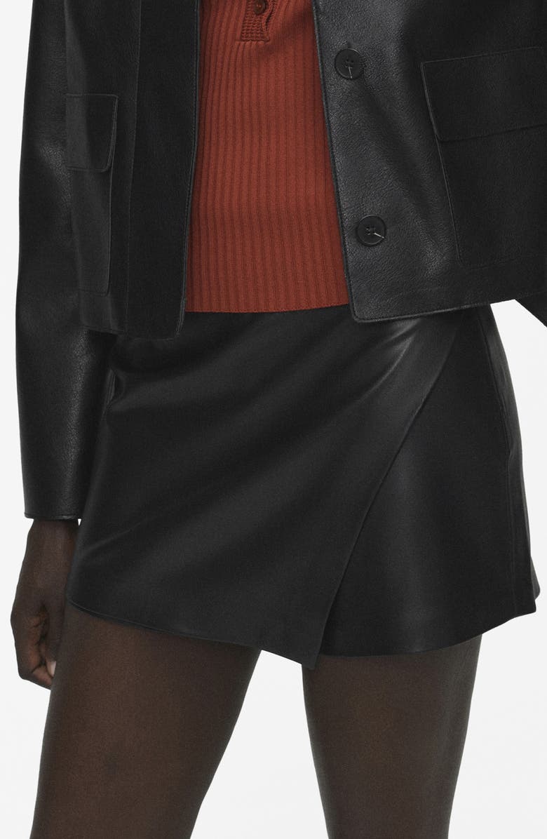 MANGO Wrap Faux Leather Skort, Main, color, Black