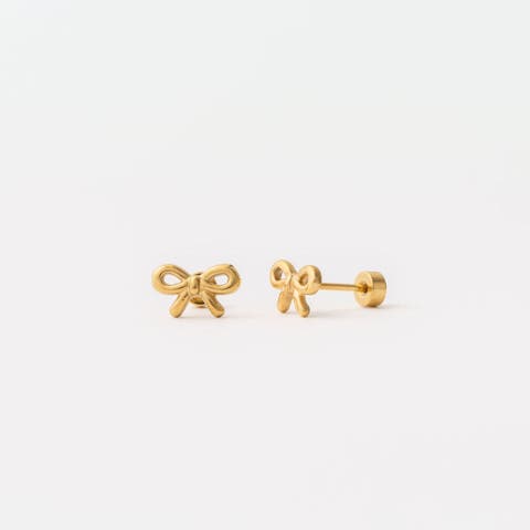 Gold Bow Long Post Hypoallergenic Flatback Stud Earrings