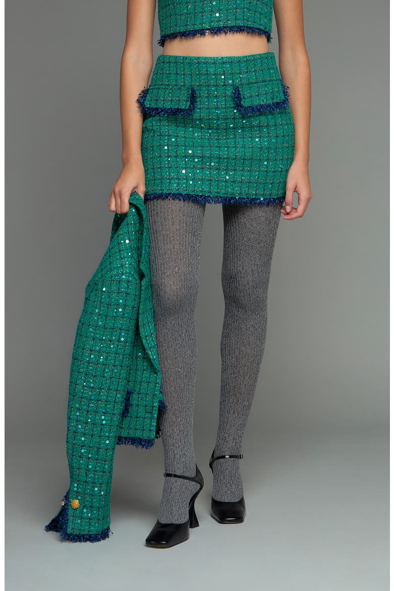 Premium Fringe Edge Sequin Tweed Miniskirt, Alternate, color, GREEN/ NAVY