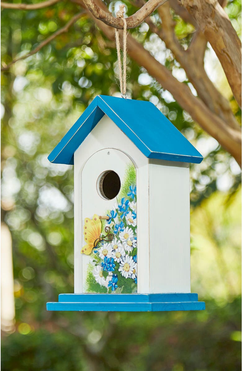 Glitzhome 11"H Distressed Solid Wood Daisy with Butterfly Birdhouse, Alternate, color, Blue