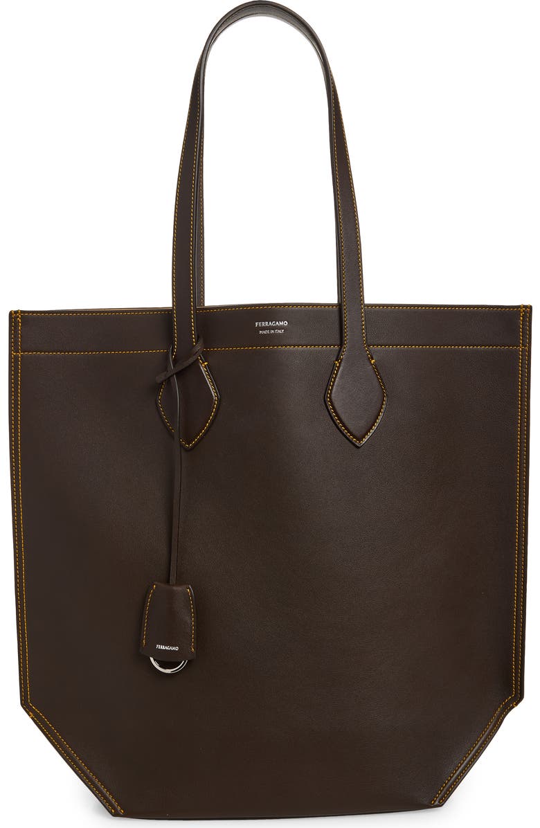 FERRAGAMO Leather North/South Tote, Main, color, T.moro Soft Camel