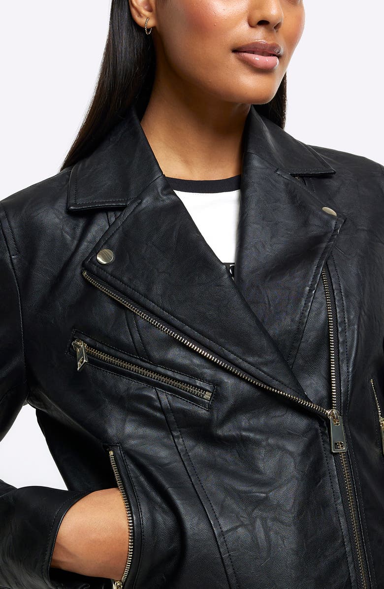 River Island Faux Leather Biker Jacket with Removable Faux Fur Trim, Alternate, color, 