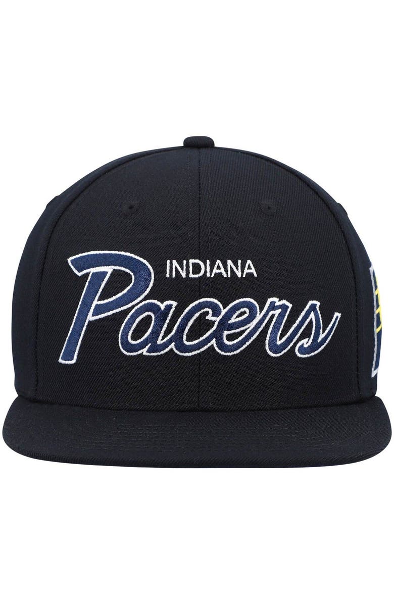 Mitchell & Ness Men's Mitchell & Ness Black Indiana Pacers Hardwood Classics Script 2.0 Snapback Hat, Alternate, color,