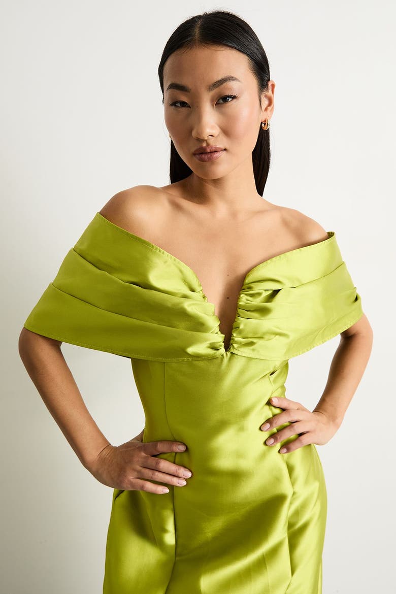 Petite Satin Twill Bardot Midi Dress, Alternate, color, Chartreuse