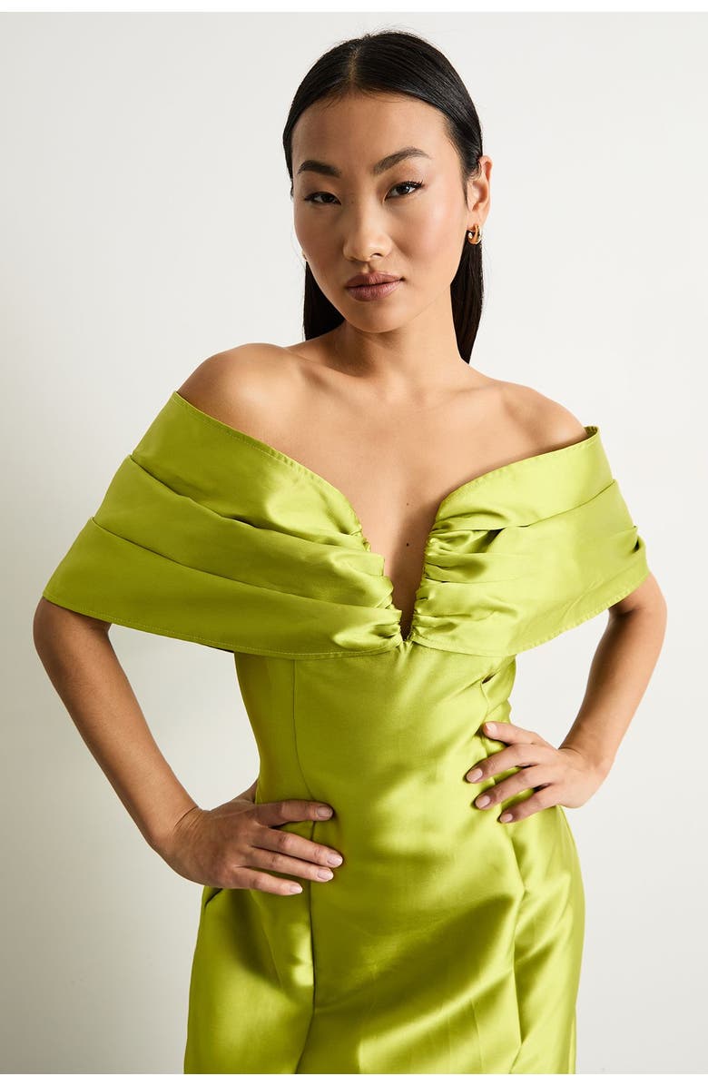 Warehouse Petite Satin Twill Bardot Midi Dress, Alternate, color, Chartreuse