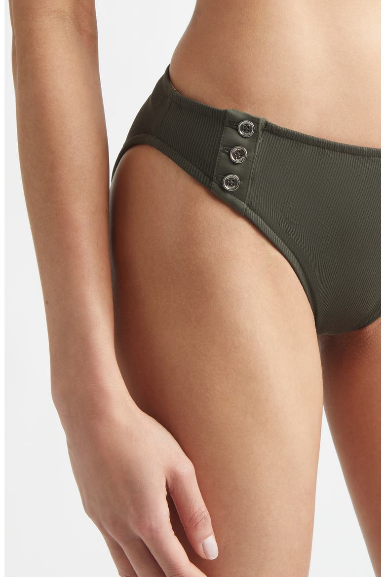 Side Button Ribbed Bikini Bottoms, Alternate, color, DARK GREEN