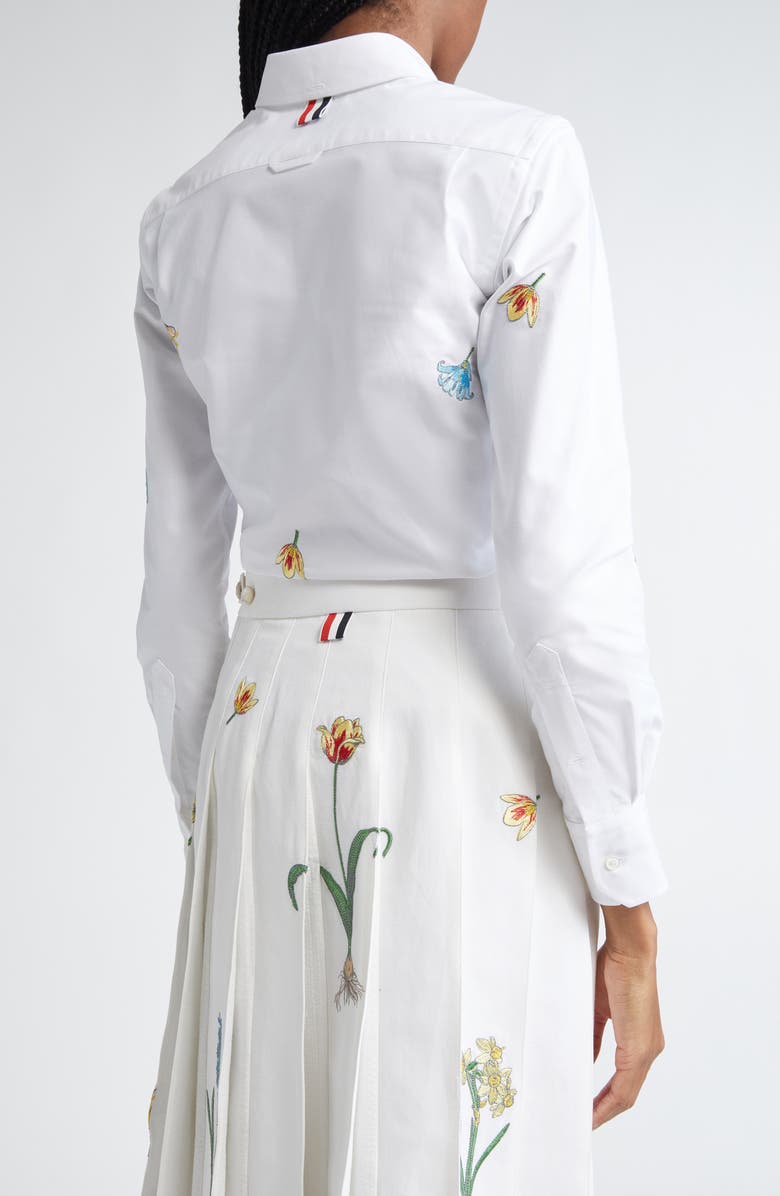 Thom Browne Floral Embroidered Cotton Button-Down Shirt, Alternate, color, White