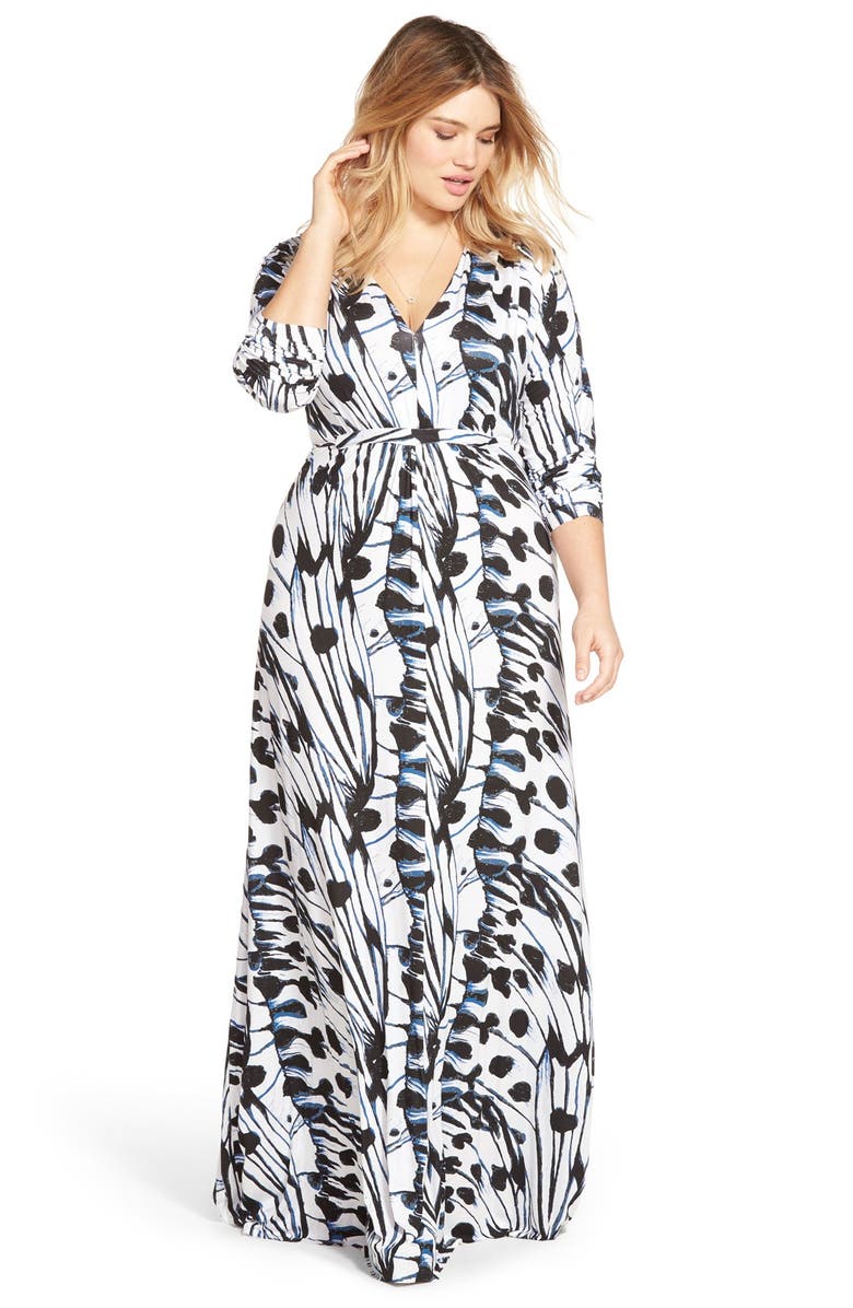 Melissa McCarthy Seven7 Print V-Neck Ruched Maxi Dress, Alternate, color, 