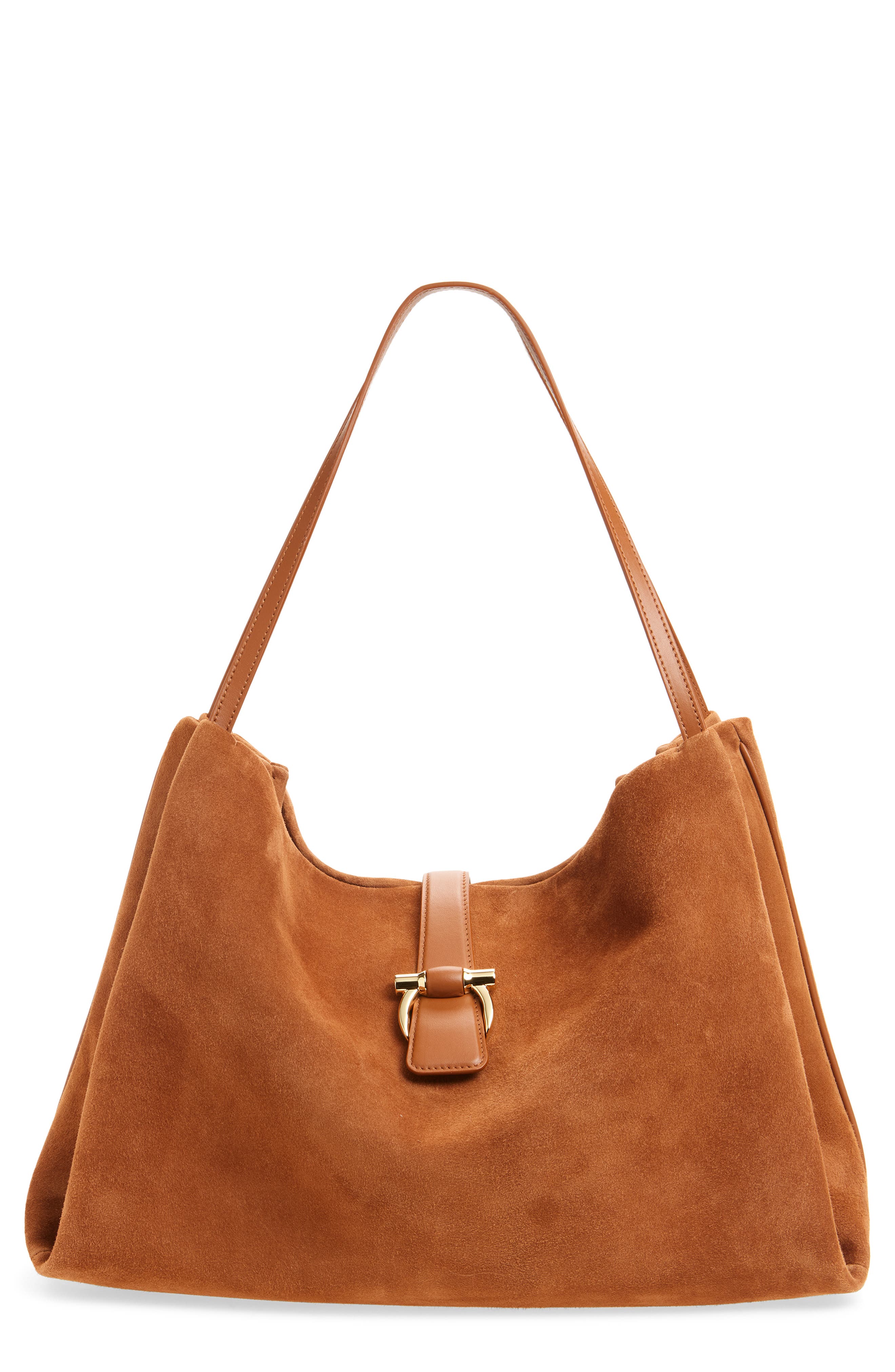 FERRAGAMO Medium Lily Suede Tote, Main, color, Natural Resort
