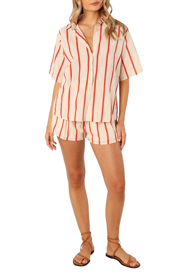 Myles Cotton Button-Up Shirt & Shorts Set, Main, color, RED STRIPE