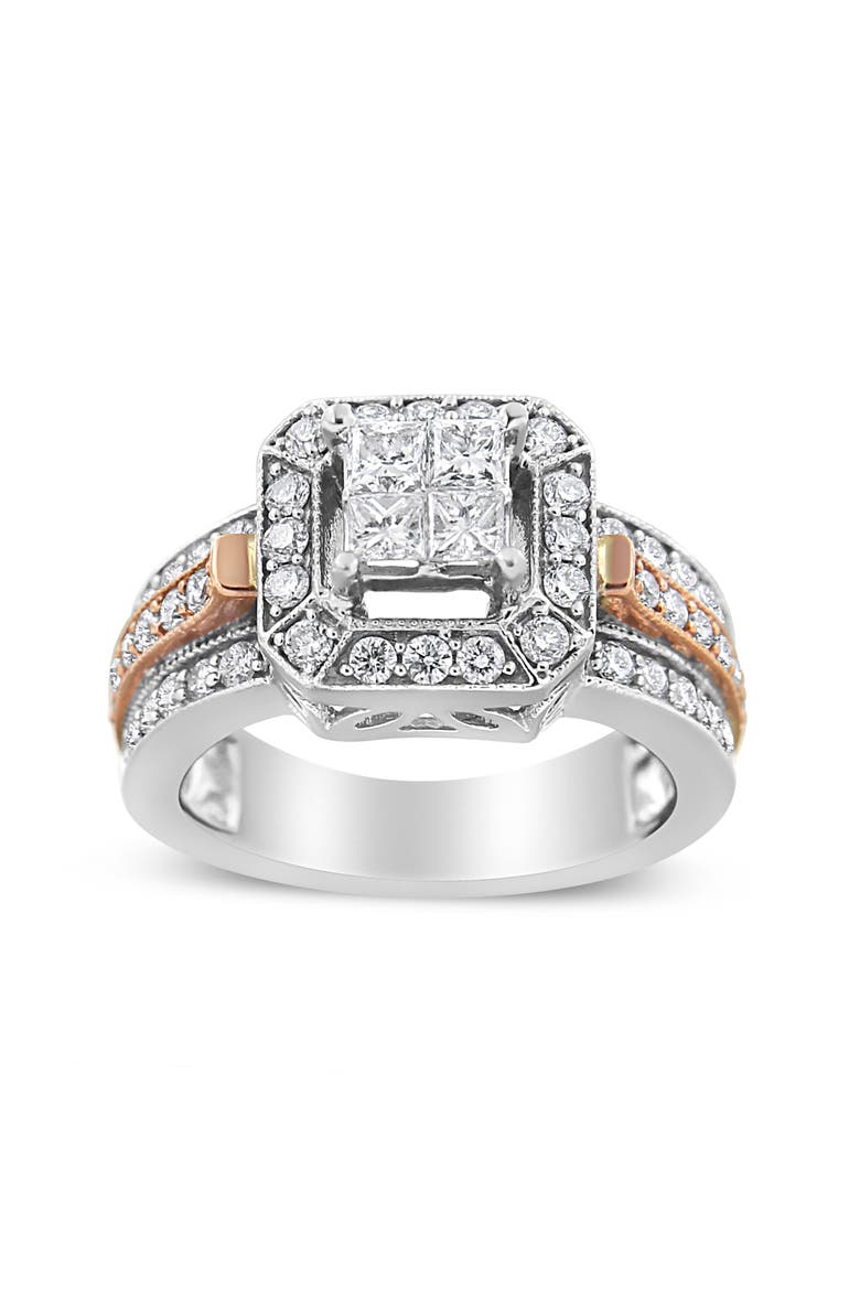 14K White and Rose Gold 1 1/8 Cttw Diamond Art Deco Style Triple Shank Cocktail Ring, Main, color, White