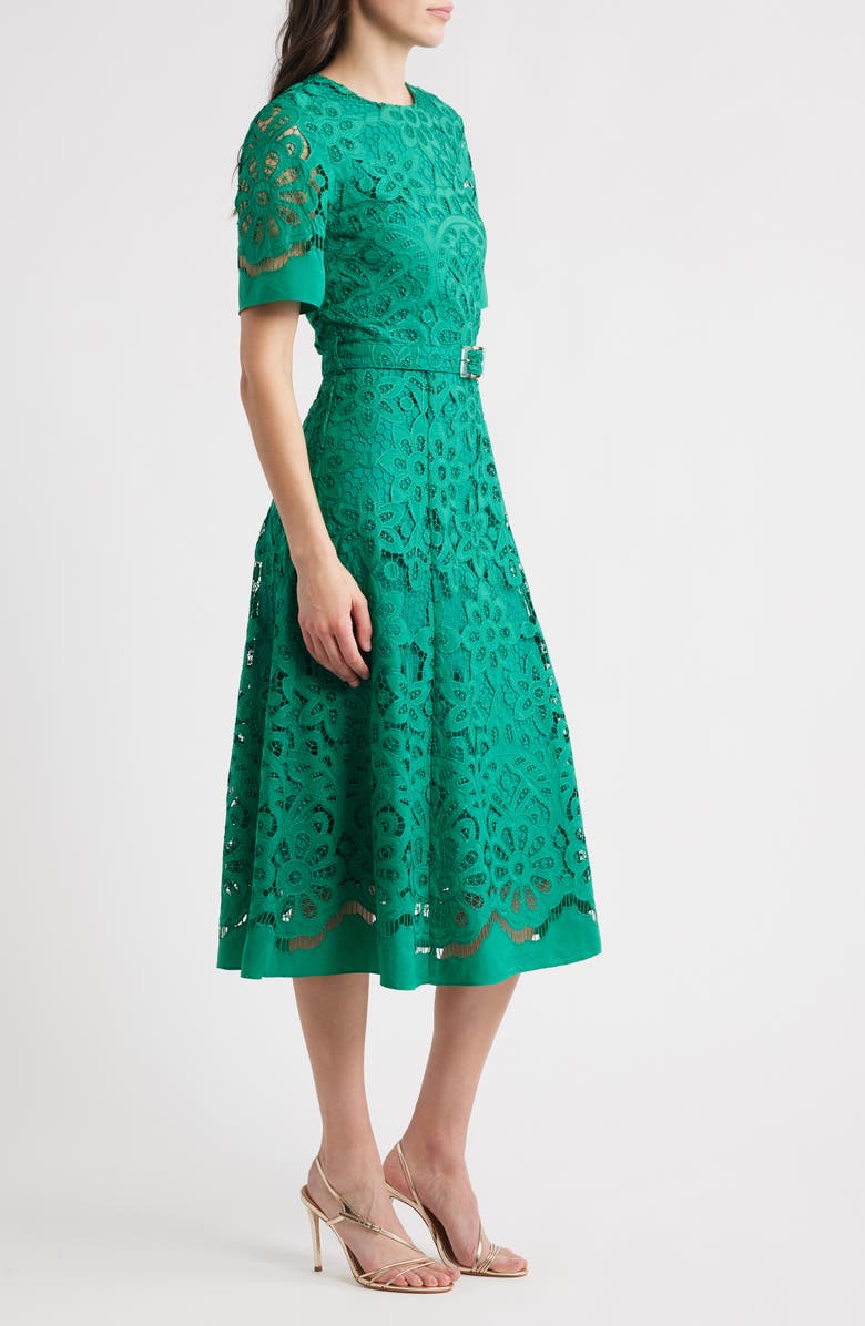 Elie Tahari The Gaia Belted Lace Midi Dress, Alternate, color, 