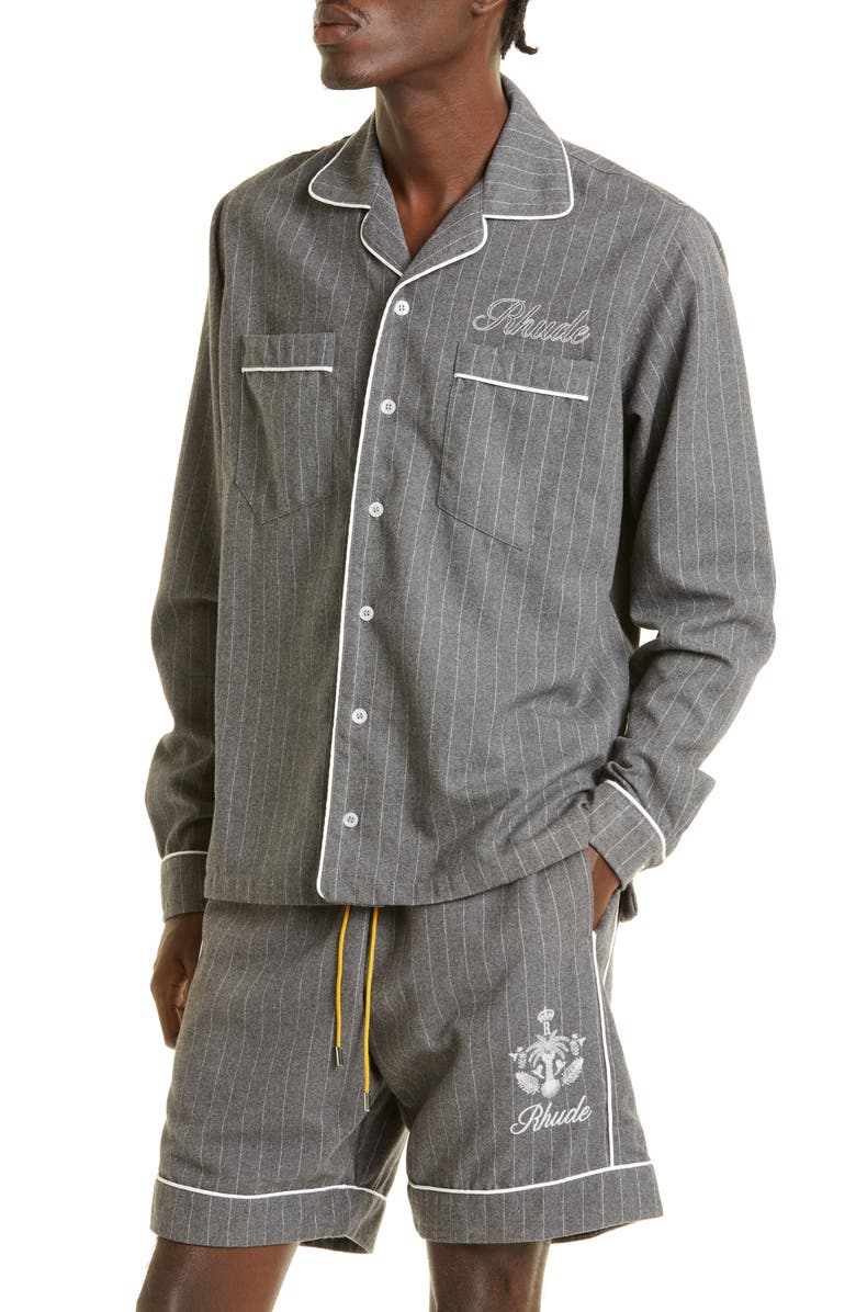 Rhude Embroidered Logo Pajama Long Sleeve Button-Up Shirt, Alternate, color,