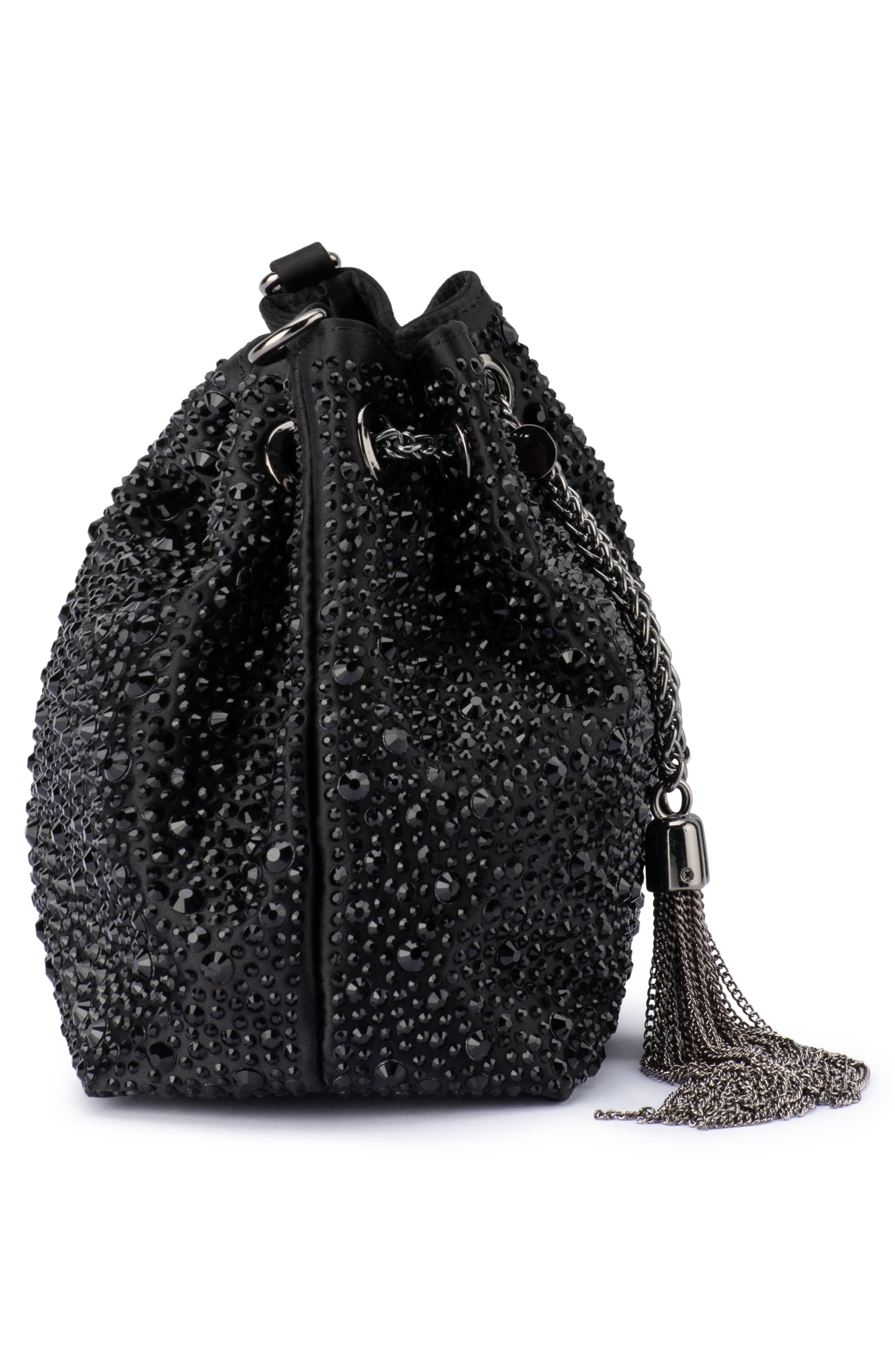 Olga Berg Mika Crystal Drawstring Top Handle Bag, Alternate, color, Black