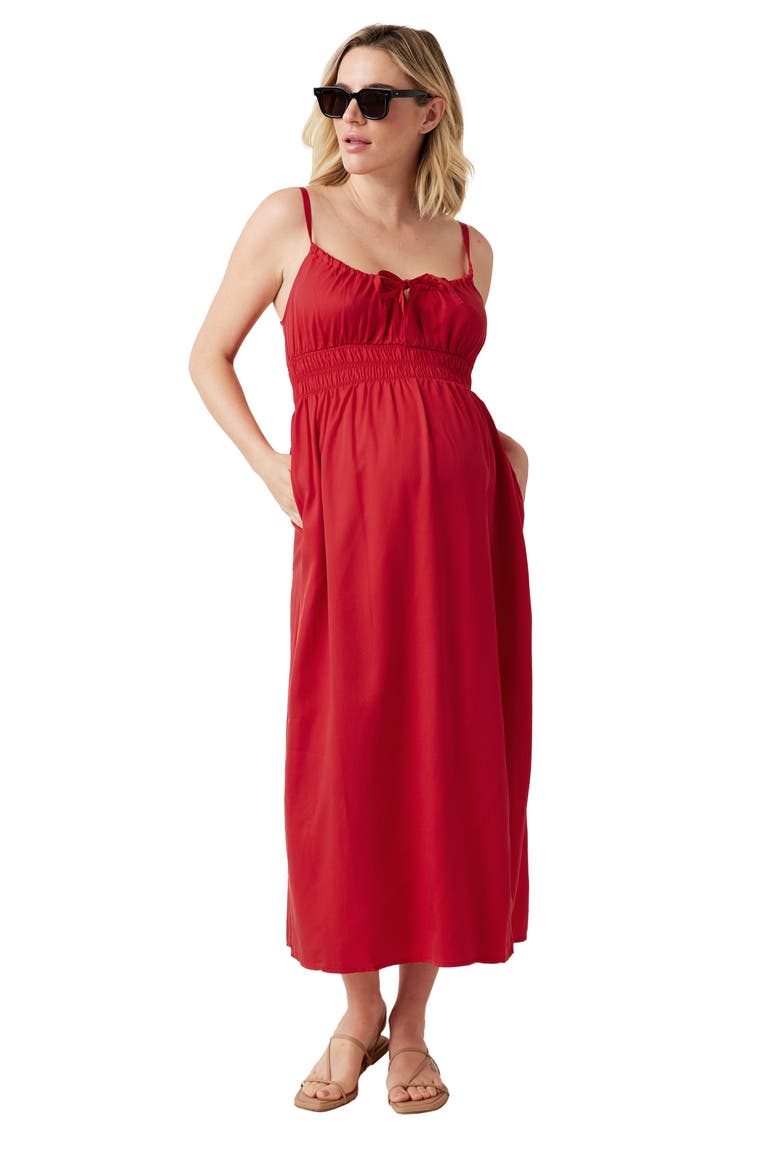 Shirred Maternity/Nursing Midi Dress, Alternate, color, RED