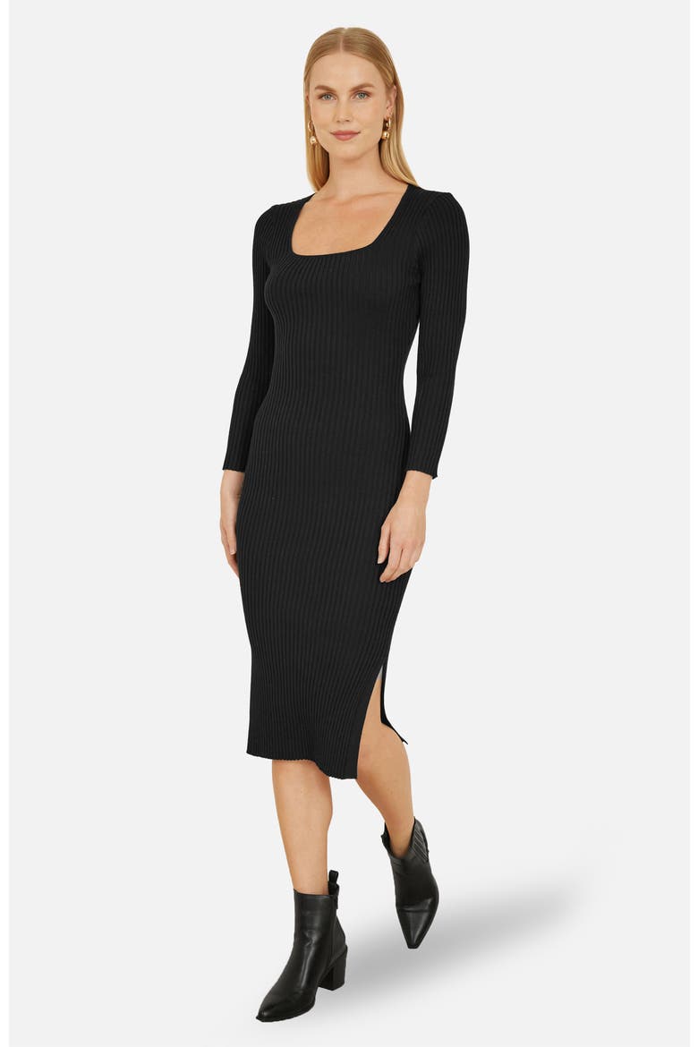 Fitted Side-Slit High-Neck Midi Dress, Alternate, color, Black