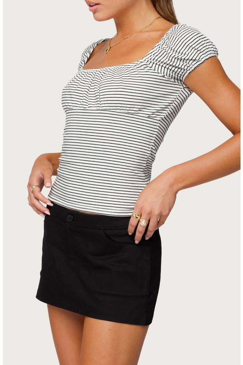 Oleana Stripe Gathered Bust Stretch Cotton Top, Alternate, color, WHITE-AND-BLACK