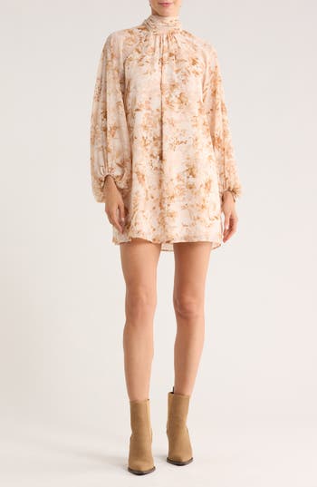 Matty M . Evelyn Floral Mock Neck Long Sleeve Dress In Neutral