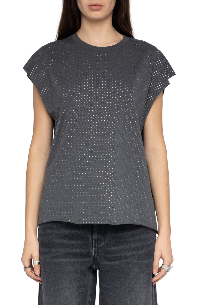 Zadig & Voltaire Cloe Strass Crystal Embellished Dolman Sleeve Top, Main, color, Medium Grey