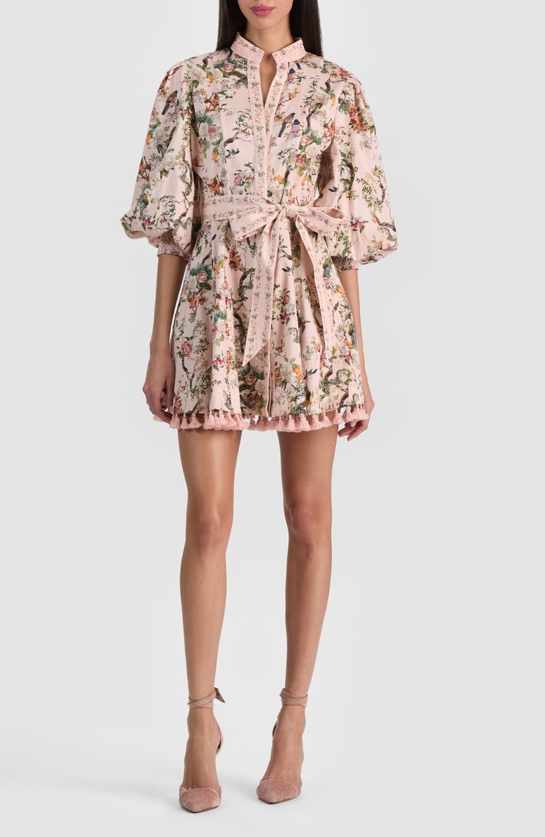 Alice + Olivia Lucy Floral Print Tie Waist Minidress, Main, color, Sunset Grove English Rose