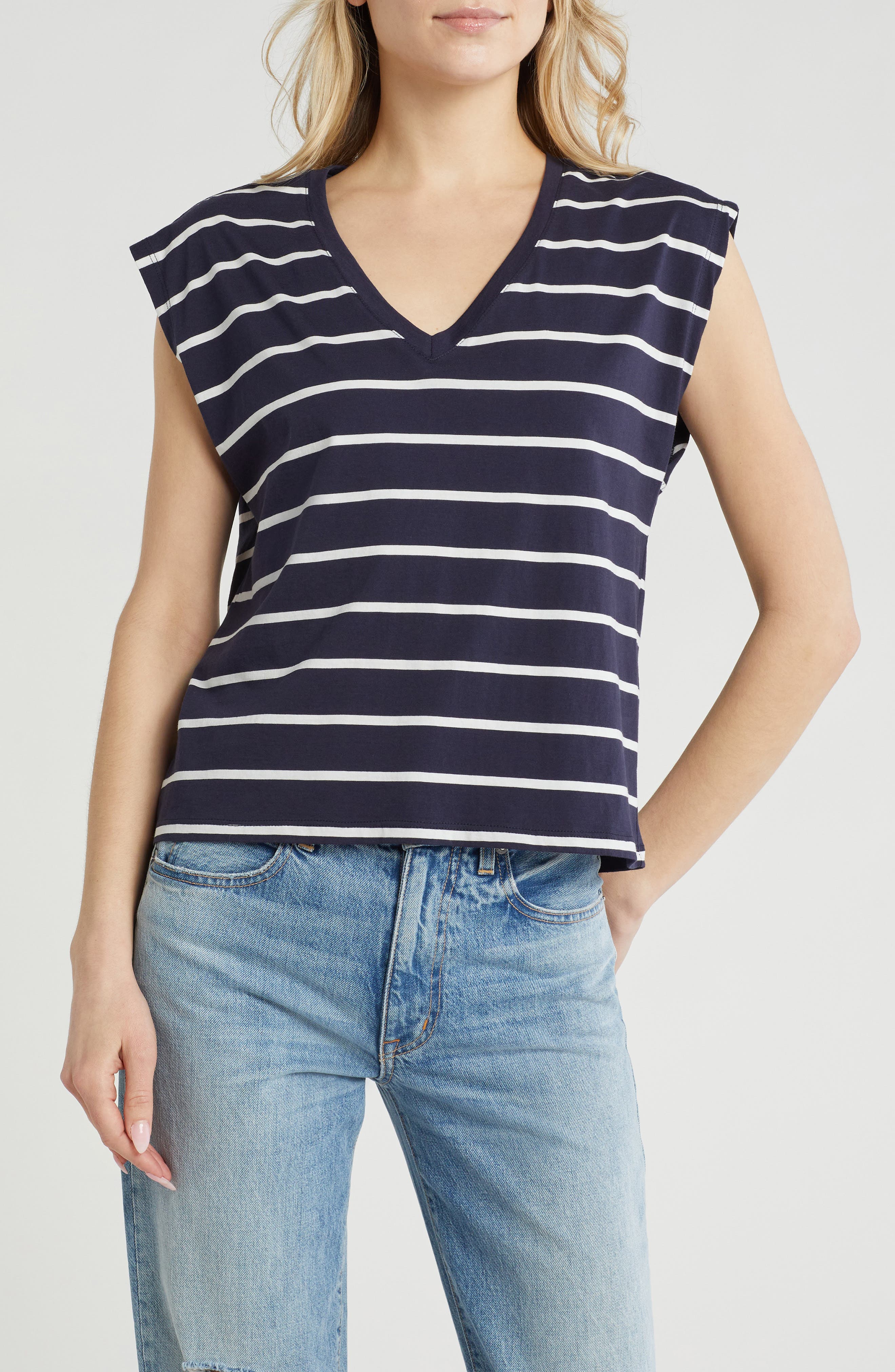 Nordstrom V-Neck Pima Cotton T-Shirt in Navy Night- Ivory Dex Stripe at Nordstrom Rack, Size Small