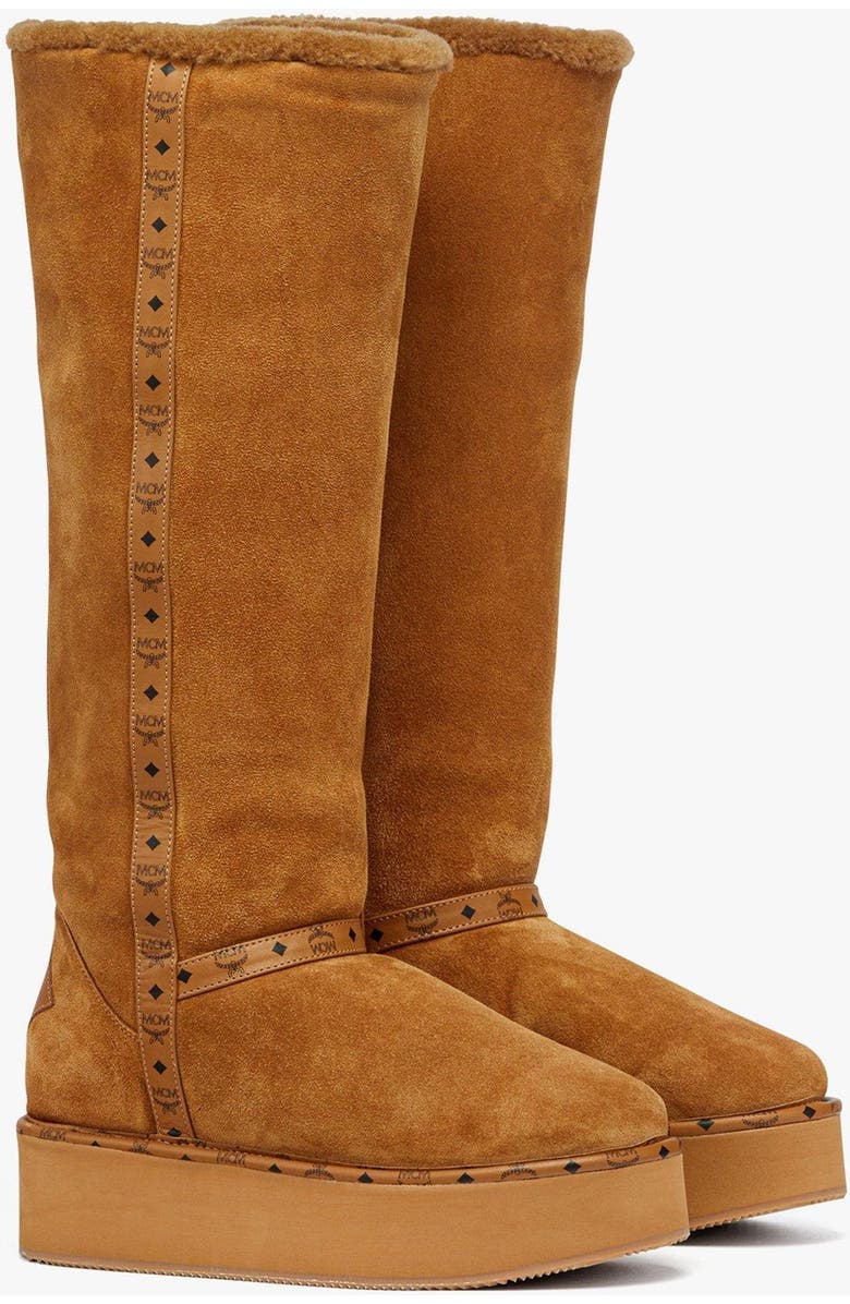 MCM Women's Boots in Calfskin Suede Leather, Main, color, Cognac