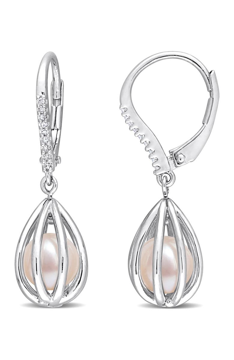 DELMAR Sterling Silver Diamond & 7-7.5mm Freshwater Cultured Pearl Leverback Earrings - 0.05ctw, Main, color, 