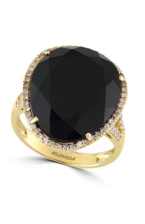 14K Yellow Gold Diamond-Framed Black Onyx Ring