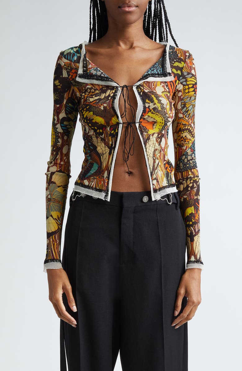 Jean Paul Gaultier Butterfly Print Tie Front Mesh Cardigan, Main, color, 