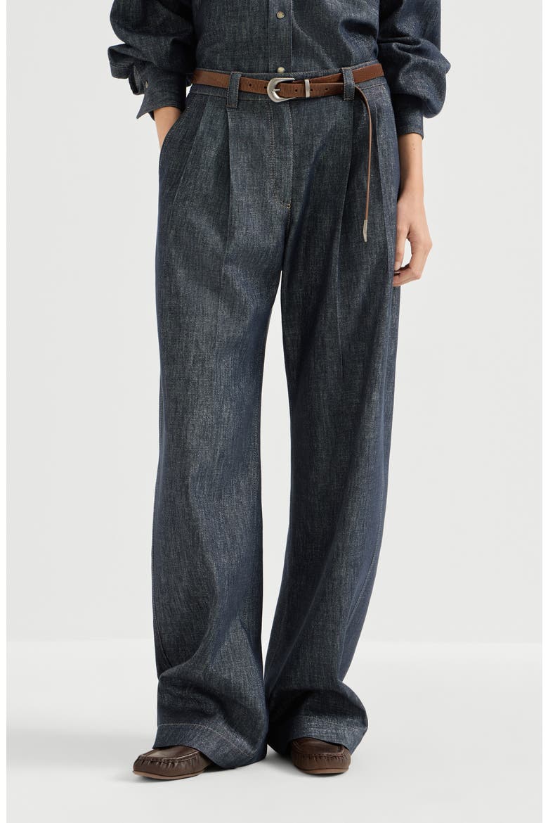 Sparkling no-fade denim loose curved trousers with monili, Main, color, Denim