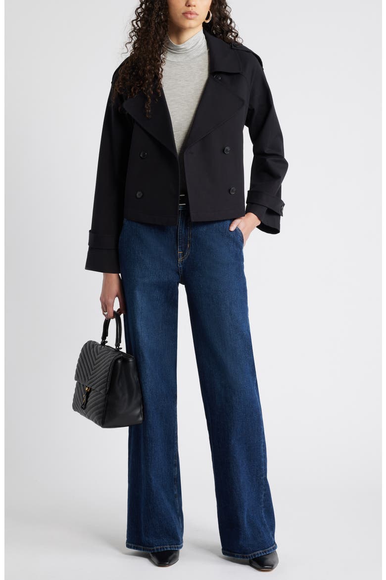 Crop Stretch Cotton Trench Coat, Alternate, color, BLACK